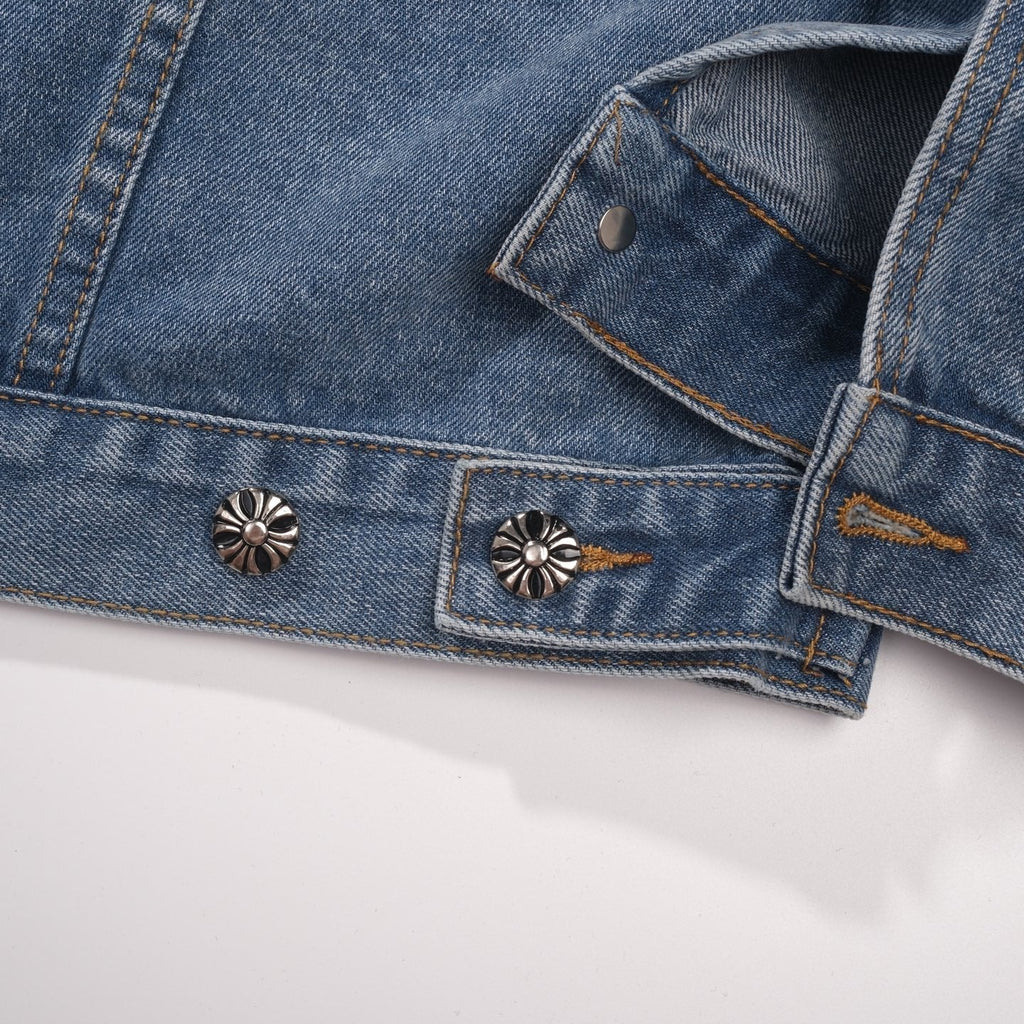 Chrome-Hearts Patchwork Denim Jacket - Vintage Blue Gothic Street Jacket 0789